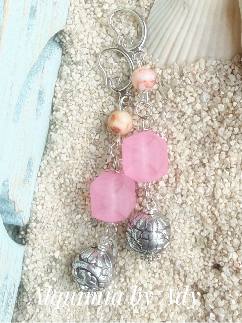 Flower 🌺 agate Rose-Pink Bead and Silver shells 🐚 Charm Dusters | Earrings